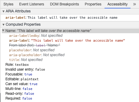 Chrome ডেভেলপার টুলস অ্যারিয়া-লেবেল থেকে ইনপুট অ্যাক্সেসযোগ্য নাম দেখাচ্ছে